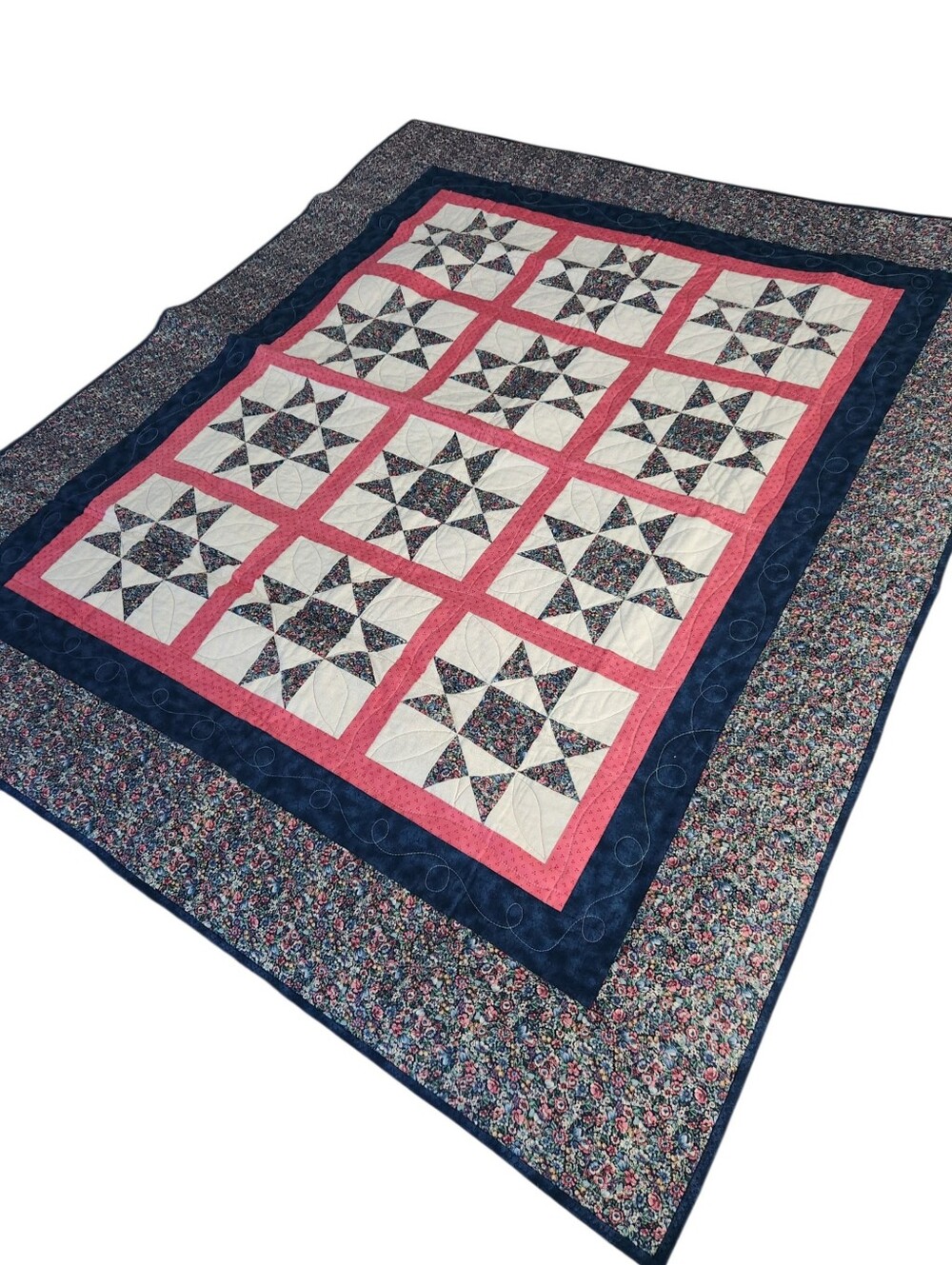 Handmade ? Quilt Lap Size Pink Blue White Quilted Floral Farmhouse Cottage Piece
